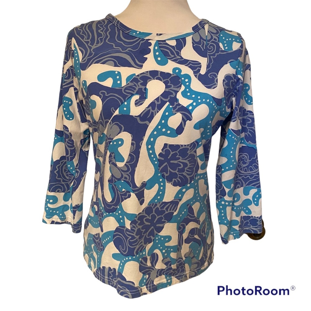 BARBARA GERWIT TOP TEE WHITE BLUE 3/4 SLEEVE SIZE M